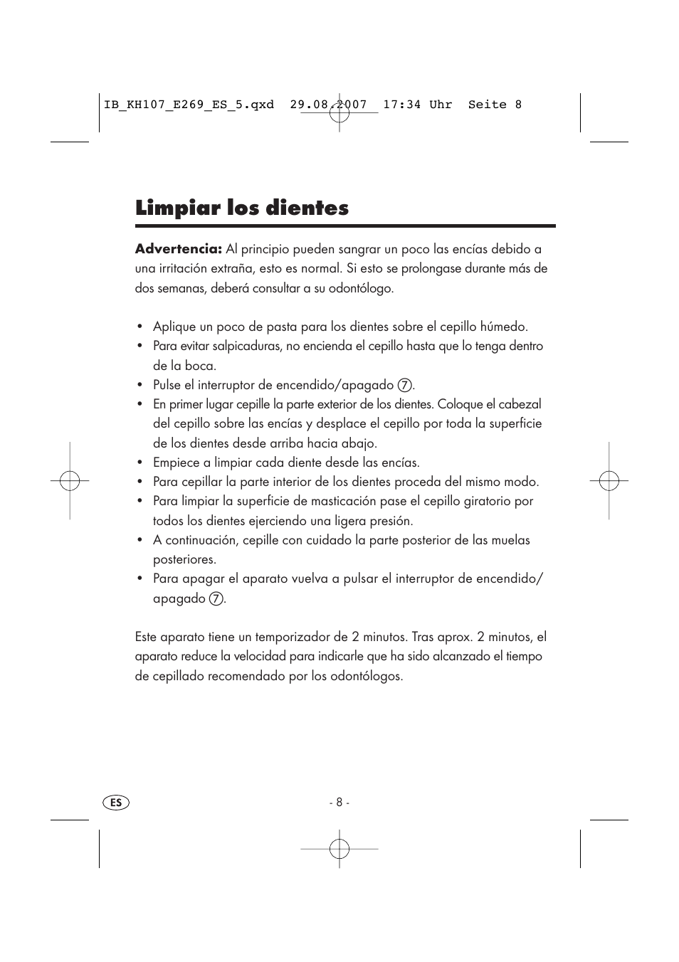 Limpiar los dientes | Kompernass KH 107 User Manual | Page 8 / 52