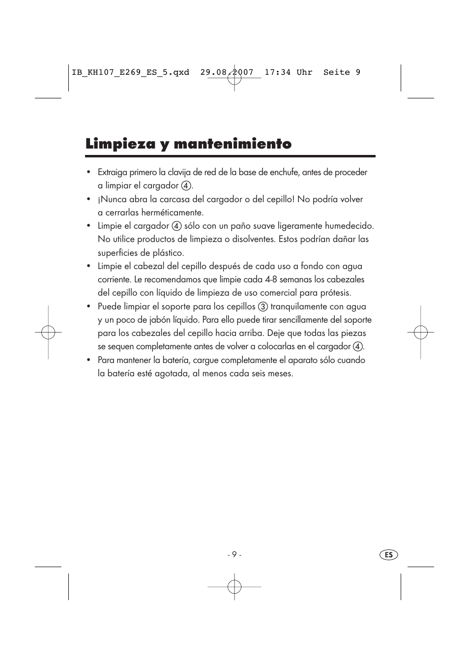 Limpieza y mantenimiento | Kompernass KH 107 User Manual | Page 9 / 52