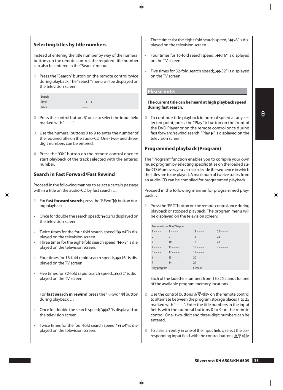 Selecting titles by title numbers, Search in fast forward/fast rewind, Programmed playback (program) | Kompernass KH 6508 User Manual | Page 37 / 66