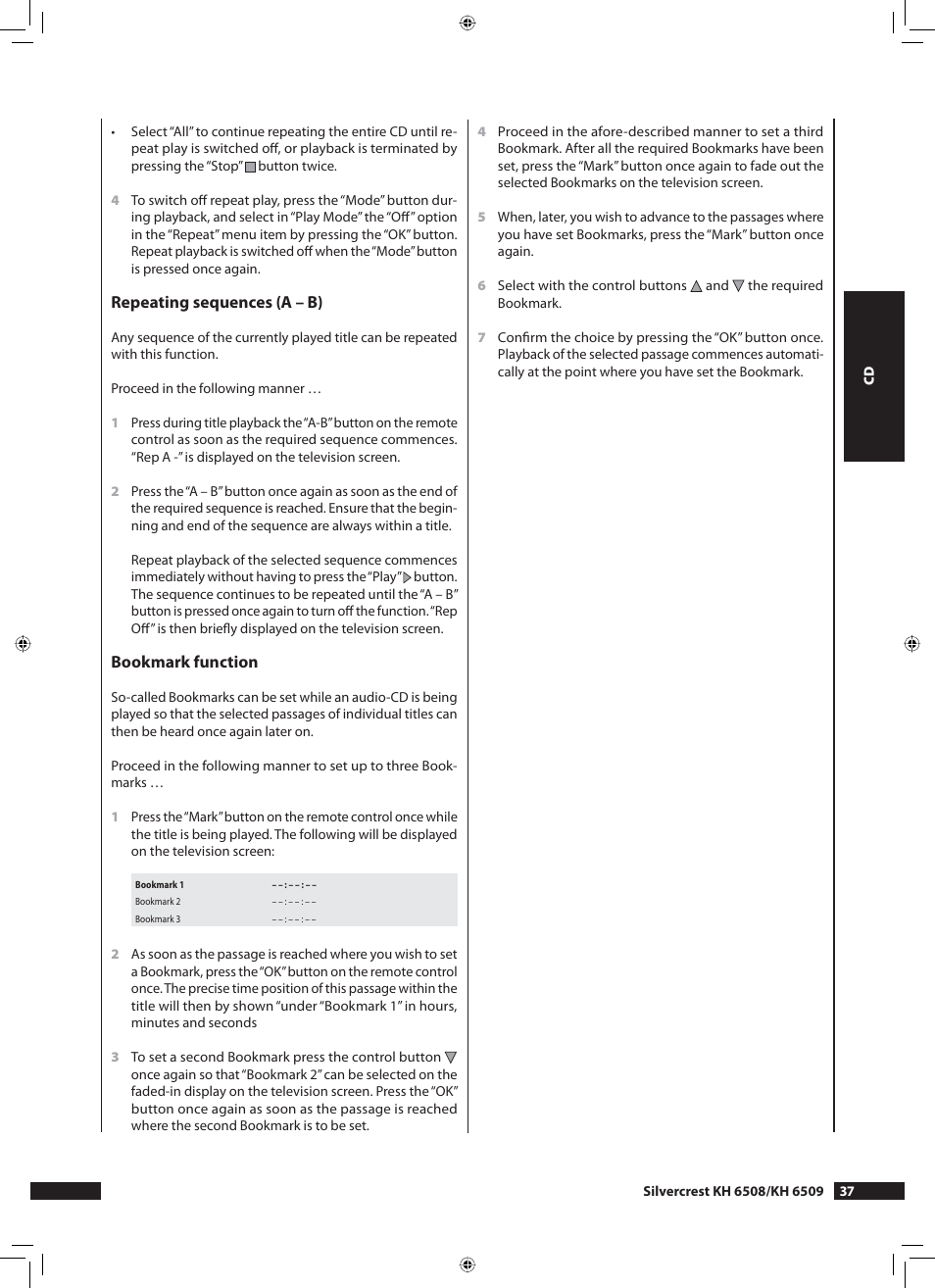 Repeating sequences (a – b), Bookmark function | Kompernass KH 6508 User Manual | Page 39 / 66