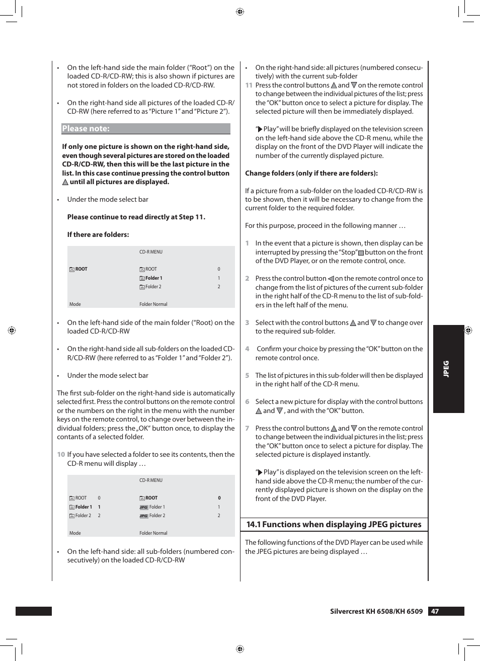 Functions when displaying jpeg pictures | Kompernass KH 6508 User Manual | Page 49 / 66