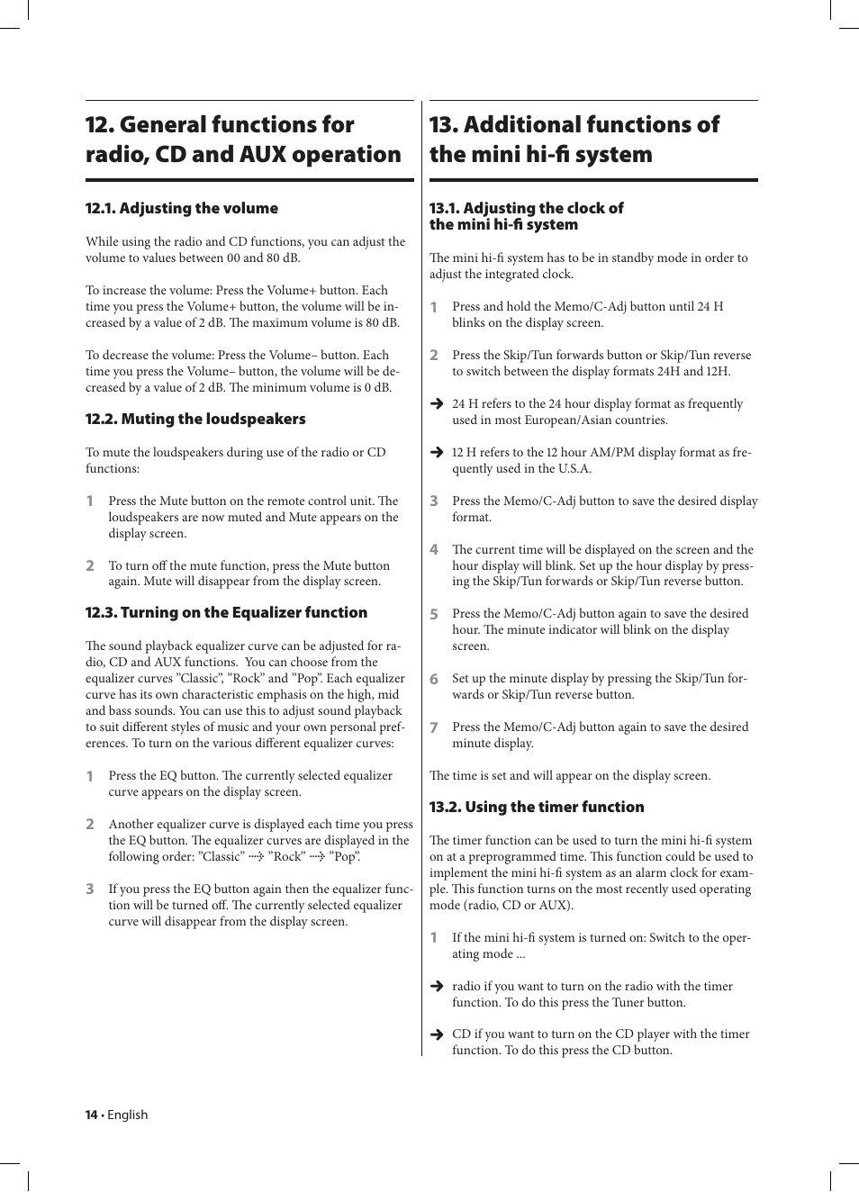 General functions for radio, cd and aux operation, Additional functions of the mini hi-ﬁ system | Kompernass KH 2233 User Manual | Page 14 / 20