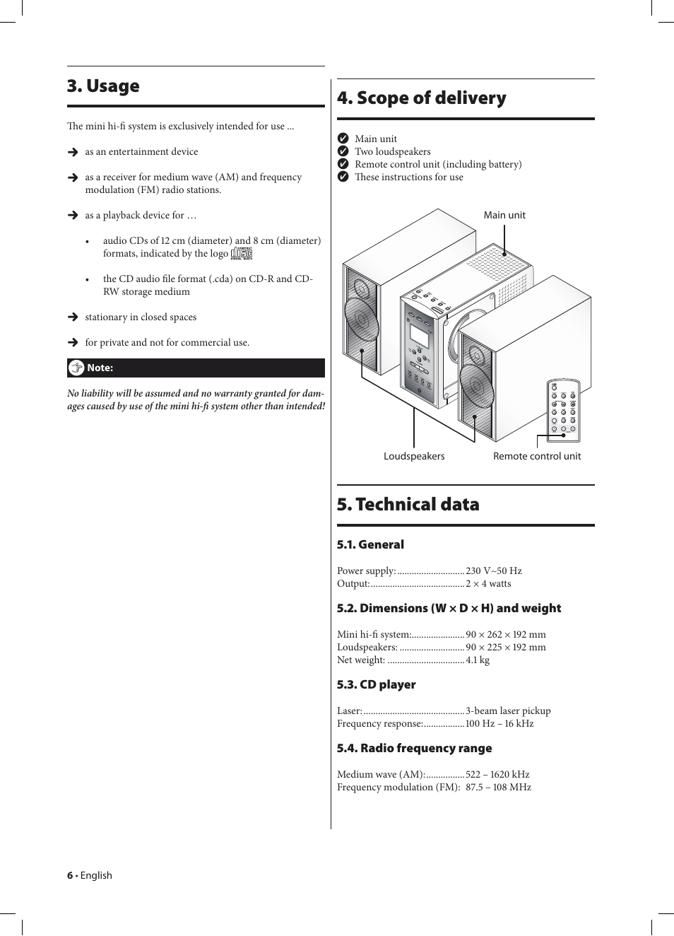 Scope of delivery, Technical data, Usage | Kompernass KH 2233 User Manual | Page 6 / 20