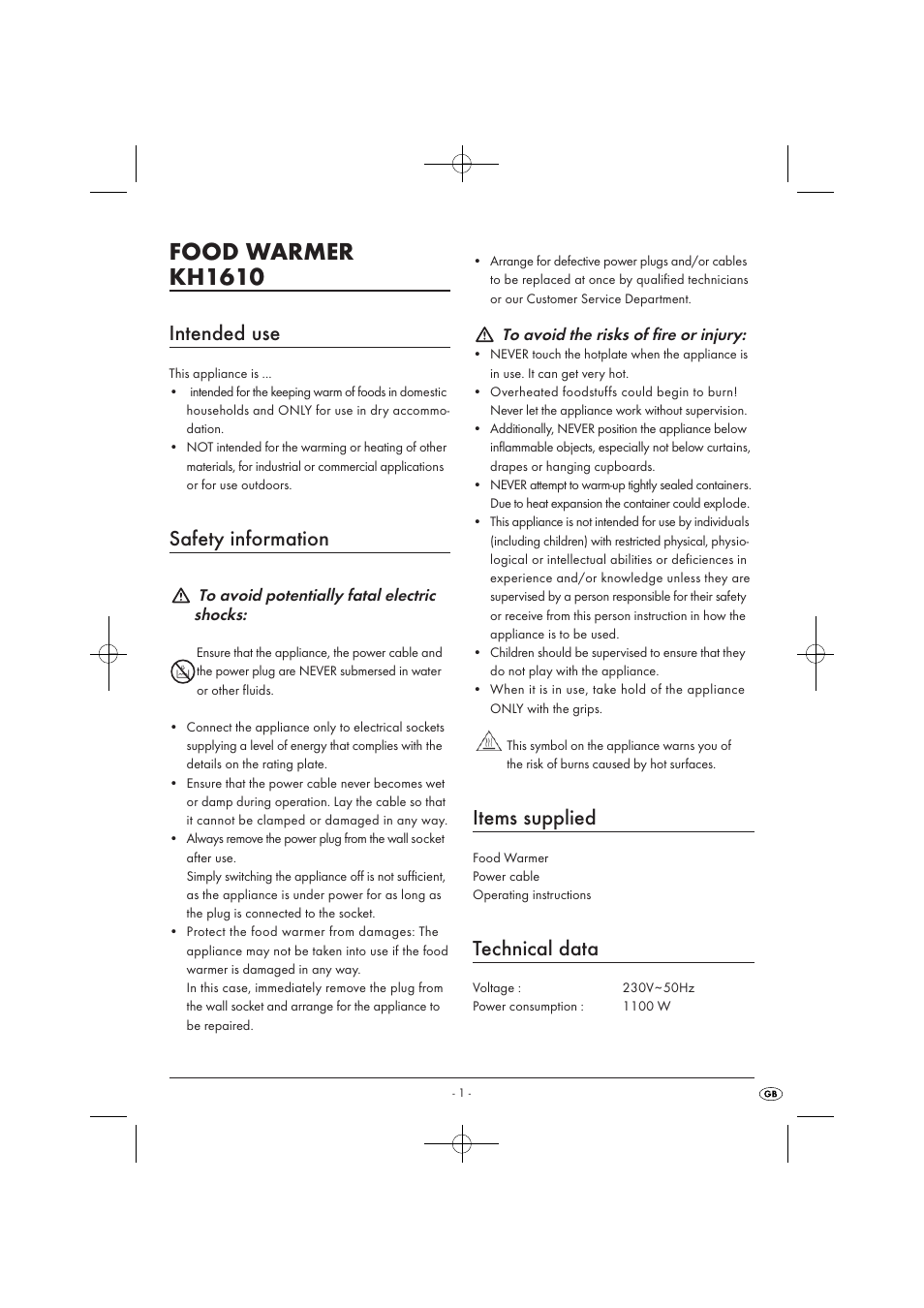Food warmer kh1610, Intended use, Safety information | Items supplied, Technical data | Kompernass KH 1610 User Manual | Page 3 / 6