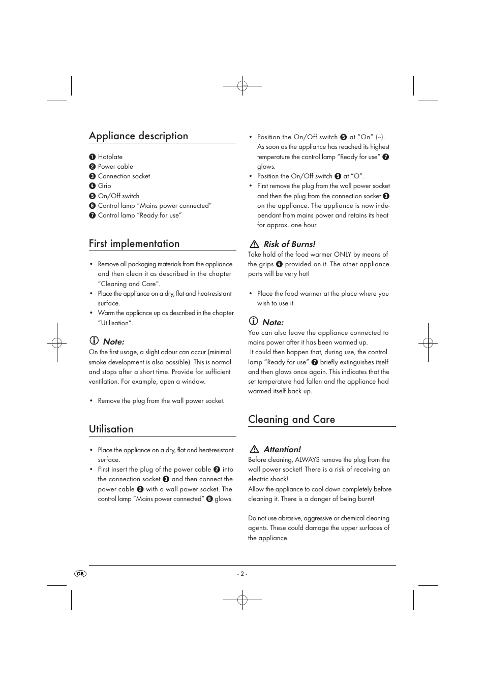 Appliance description, First implementation, Utilisation | Cleaning and care | Kompernass KH 1610 User Manual | Page 4 / 6