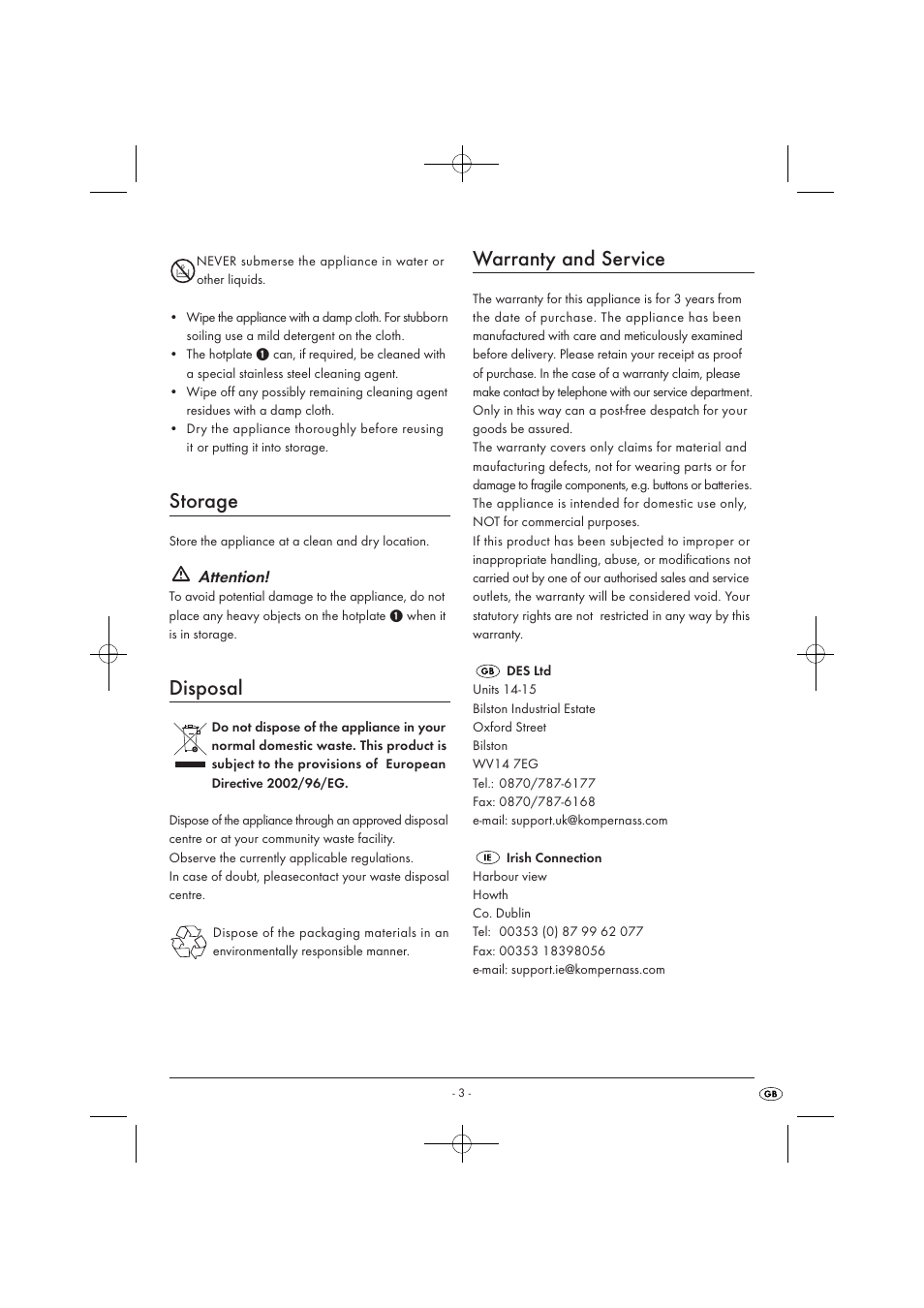 Storage, Disposal, Warranty and service | Kompernass KH 1610 User Manual | Page 5 / 6