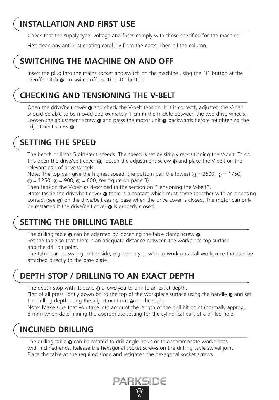 Installation and first use, Switching the machine on and off, Checking and tensioning the v-belt | Setting the speed, Setting the drilling table, Depth stop / drilling to an exact depth, Inclined drilling | Kompernass PTBM 350-13 User Manual | Page 6 / 12