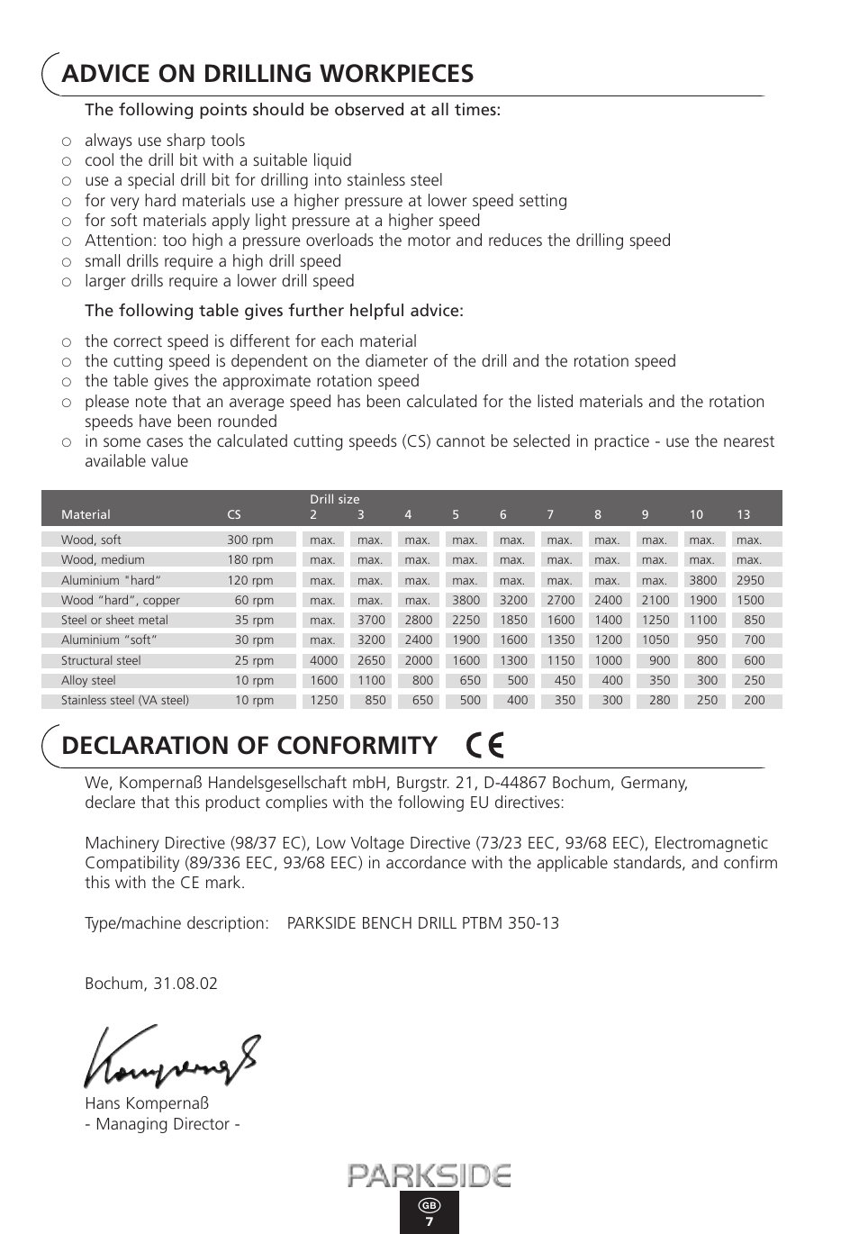 Advice on drilling workpieces, Declaration of conformity, Always use sharp tools | Cool the drill bit with a suitable liquid, Small drills require a high drill speed, The correct speed is different for each material, The table gives the approximate rotation speed | Kompernass PTBM 350-13 User Manual | Page 7 / 12