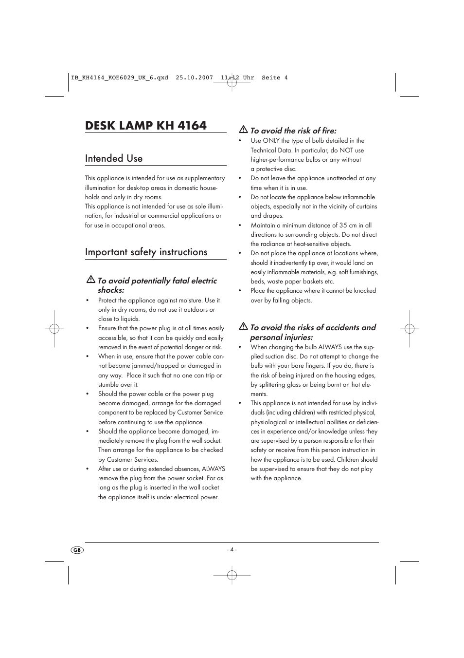 Desk lamp kh 4164, Intended use, Important safety instructions | Kompernass KH 4164 User Manual | Page 4 / 8