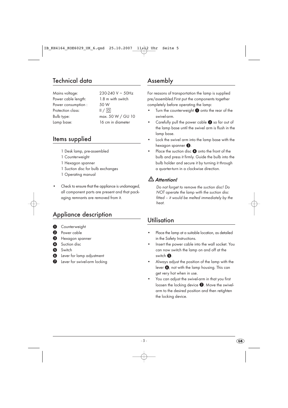 Technical data, Items supplied, Appliance description | Assembly, Utilisation | Kompernass KH 4164 User Manual | Page 5 / 8