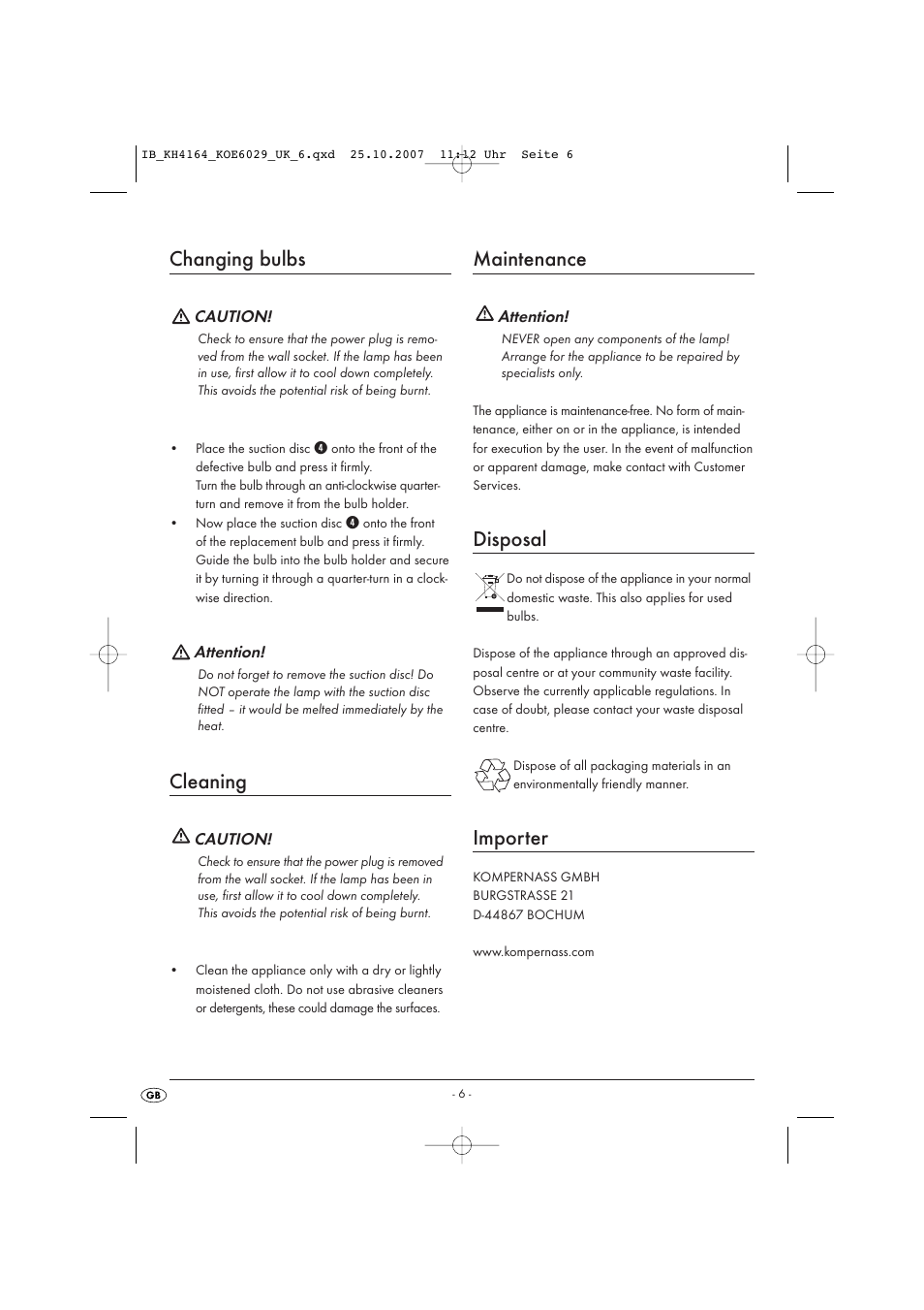 Changing bulbs, Cleaning, Maintenance | Disposal, Importer | Kompernass KH 4164 User Manual | Page 6 / 8