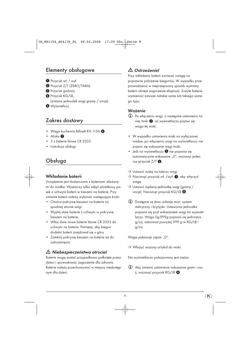 Elementy obsługowe, Zakres dostawy, Obsługa | Kompernass KH 1156 User Manual | Page 11 / 52