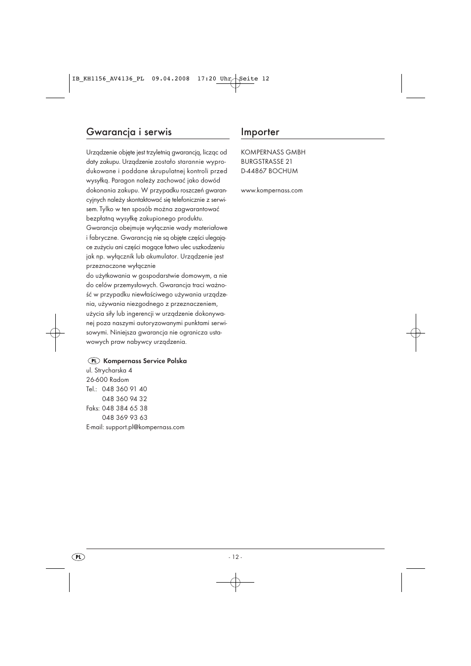 Gwarancja i serwis, Importer | Kompernass KH 1156 User Manual | Page 14 / 52