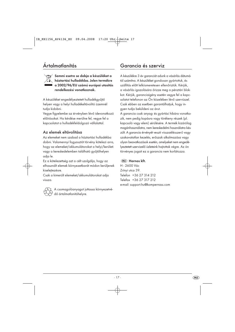 Ártalmatlanítás, Garancia és szerviz | Kompernass KH 1156 User Manual | Page 19 / 52