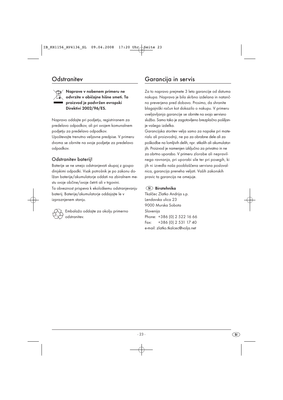 Odstranitev, Garancija in servis | Kompernass KH 1156 User Manual | Page 25 / 52