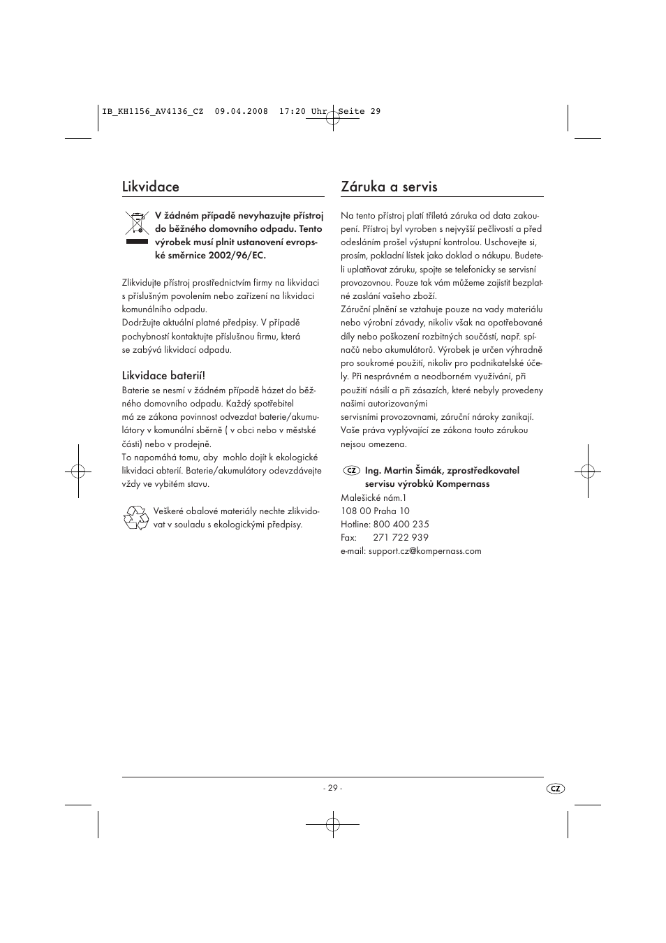 Likvidace, Záruka a servis | Kompernass KH 1156 User Manual | Page 31 / 52