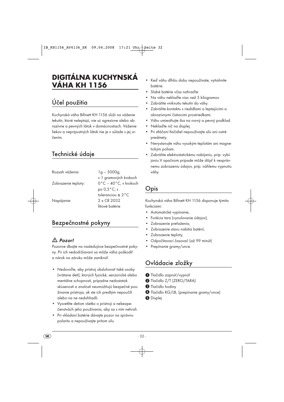 Digitálna kuchynská váha kh 1156, Účel použitia, Technické údaje | Bezpečnostné pokyny, Opis, Ovládacie zložky | Kompernass KH 1156 User Manual | Page 34 / 52