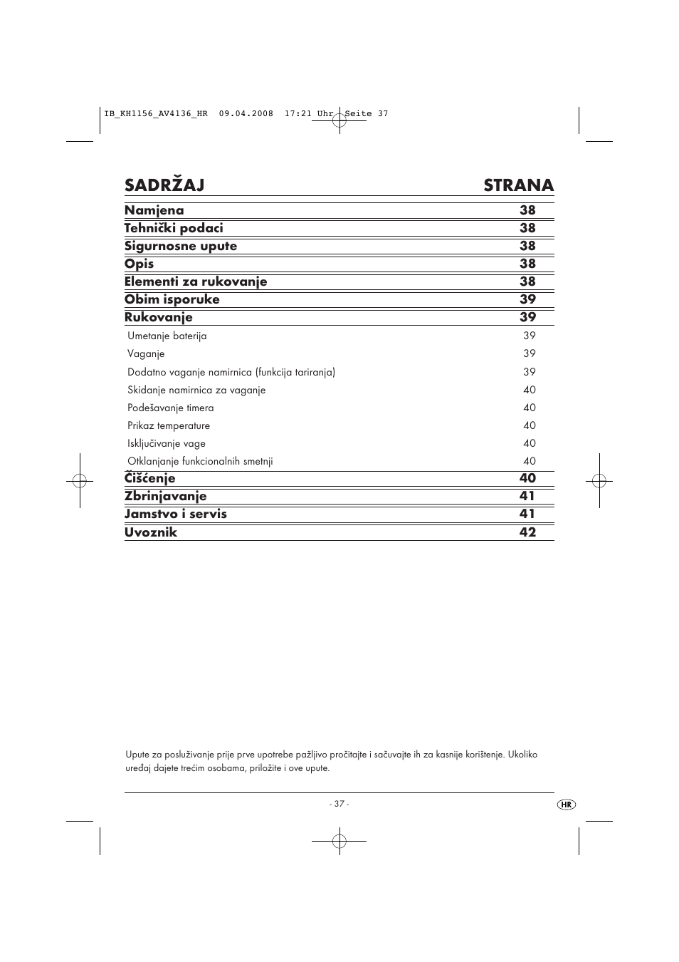 Sadržaj strana | Kompernass KH 1156 User Manual | Page 39 / 52
