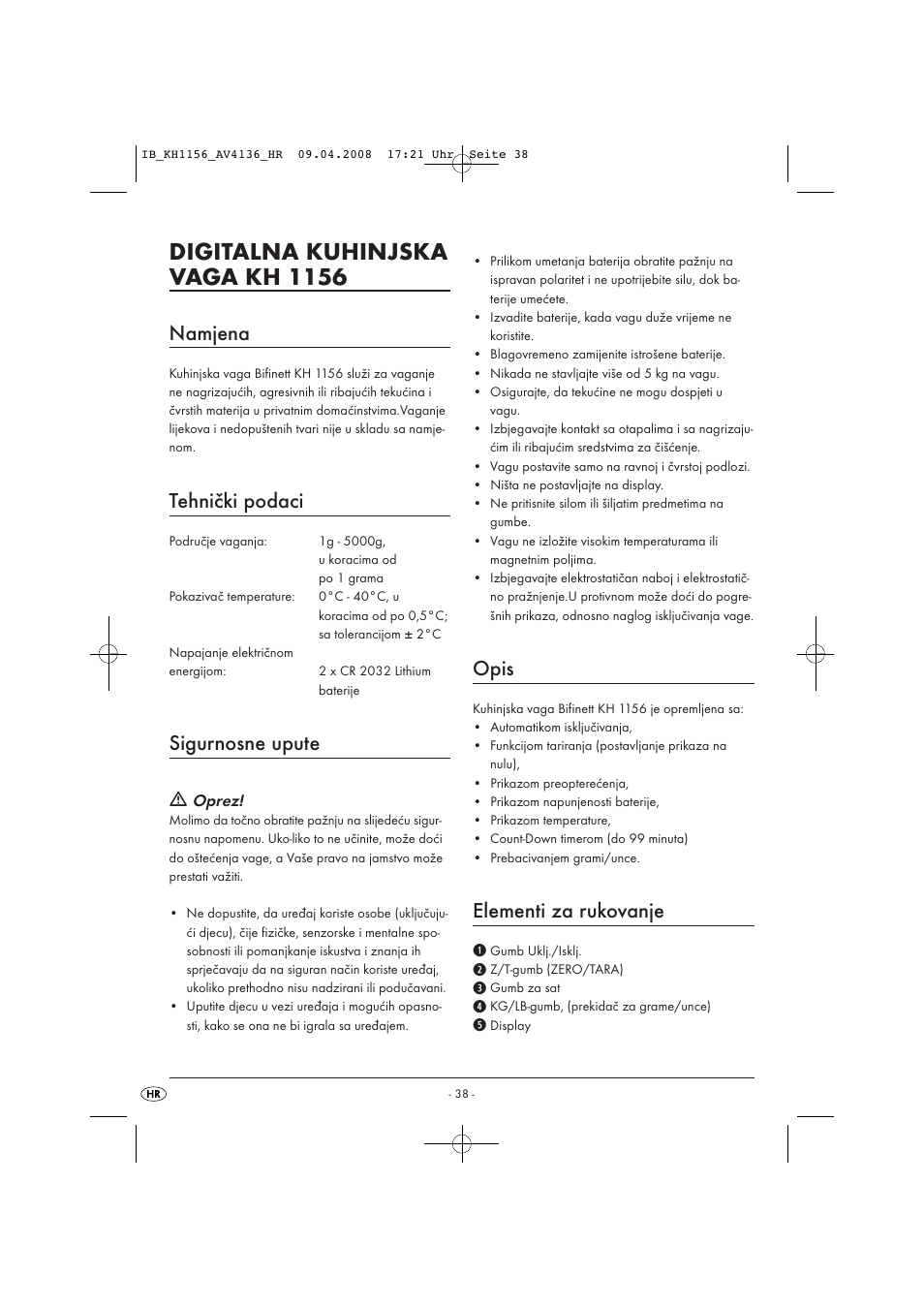 Digitalna kuhinjska vaga kh 1156, Namjena, Tehnički podaci | Sigurnosne upute, Opis, Elementi za rukovanje | Kompernass KH 1156 User Manual | Page 40 / 52