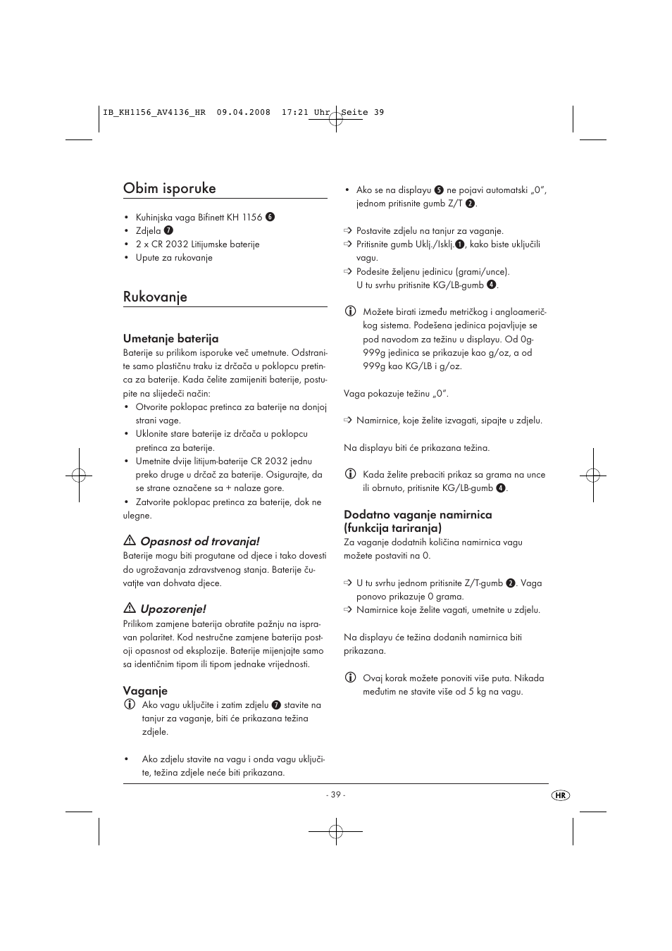 Obim isporuke, Rukovanje | Kompernass KH 1156 User Manual | Page 41 / 52