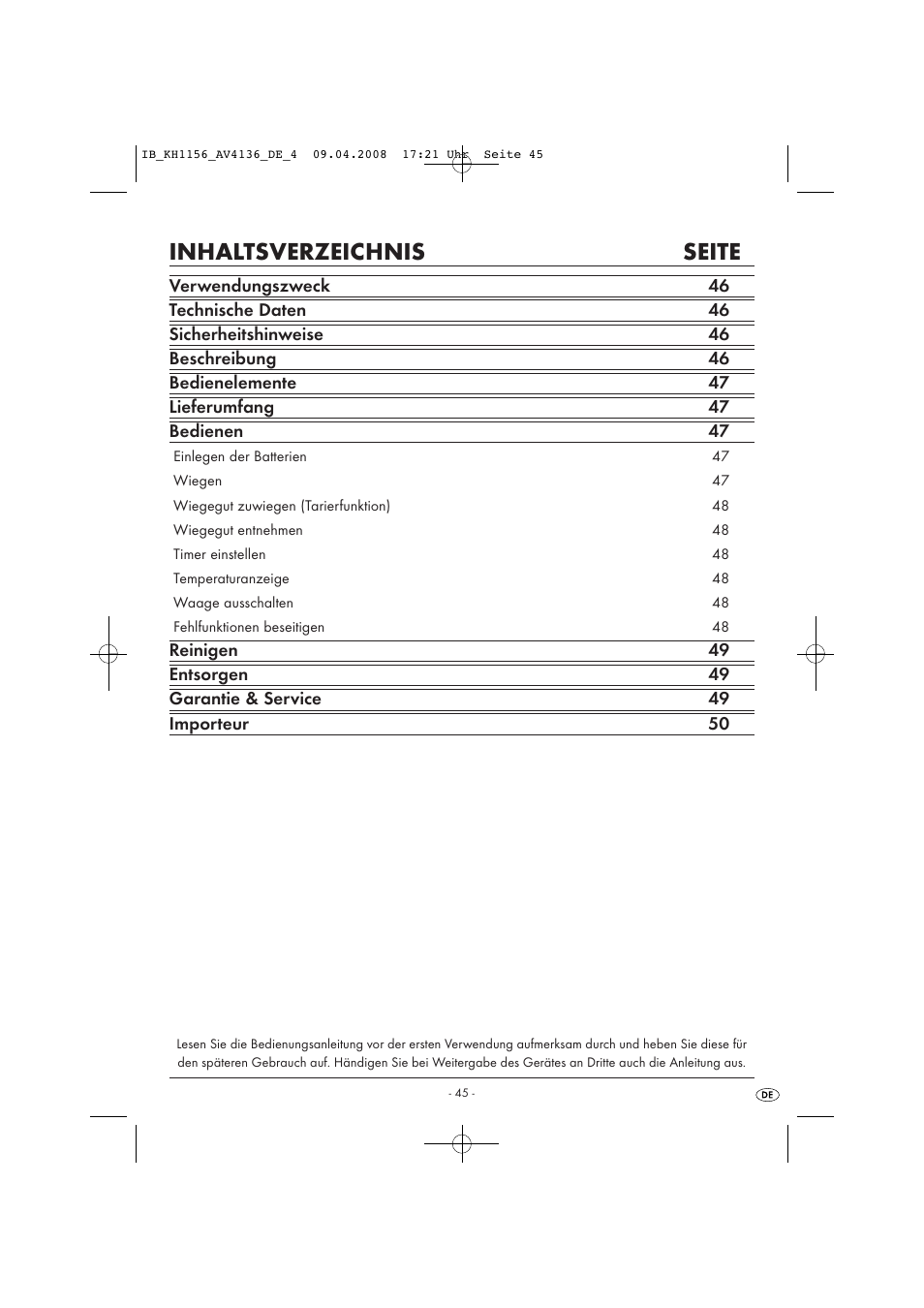 Inhaltsverzeichnis seite | Kompernass KH 1156 User Manual | Page 47 / 52