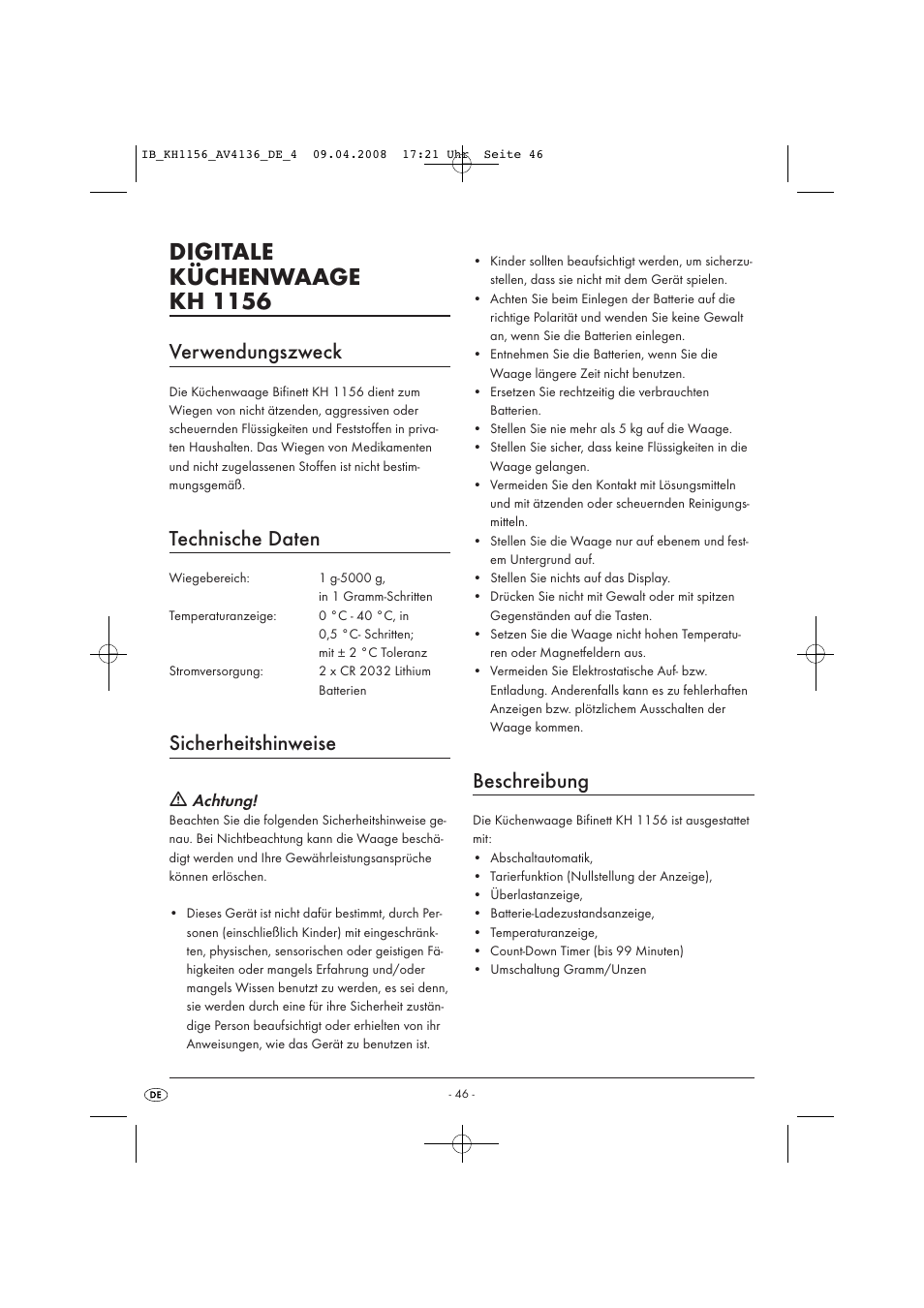 Digitale küchenwaage kh 1156, Verwendungszweck, Technische daten | Sicherheitshinweise, Beschreibung | Kompernass KH 1156 User Manual | Page 48 / 52