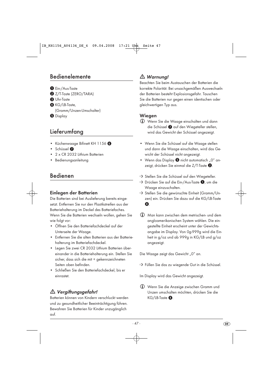 Bedienelemente, Lieferumfang, Bedienen | Kompernass KH 1156 User Manual | Page 49 / 52