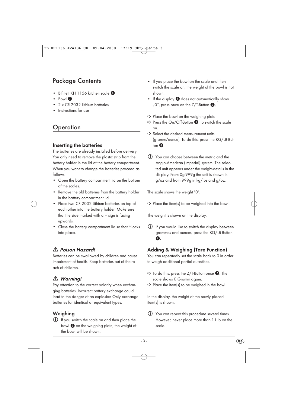 Package contents, Operation | Kompernass KH 1156 User Manual | Page 5 / 52