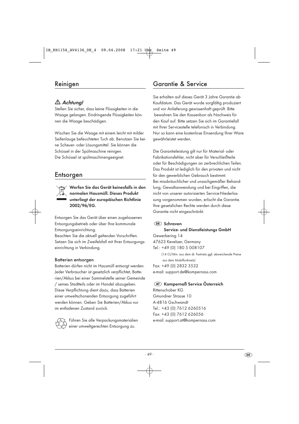 Reinigen, Entsorgen, Garantie & service | Kompernass KH 1156 User Manual | Page 51 / 52