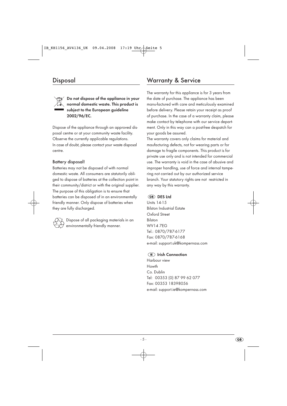 Disposal, Warranty & service | Kompernass KH 1156 User Manual | Page 7 / 52