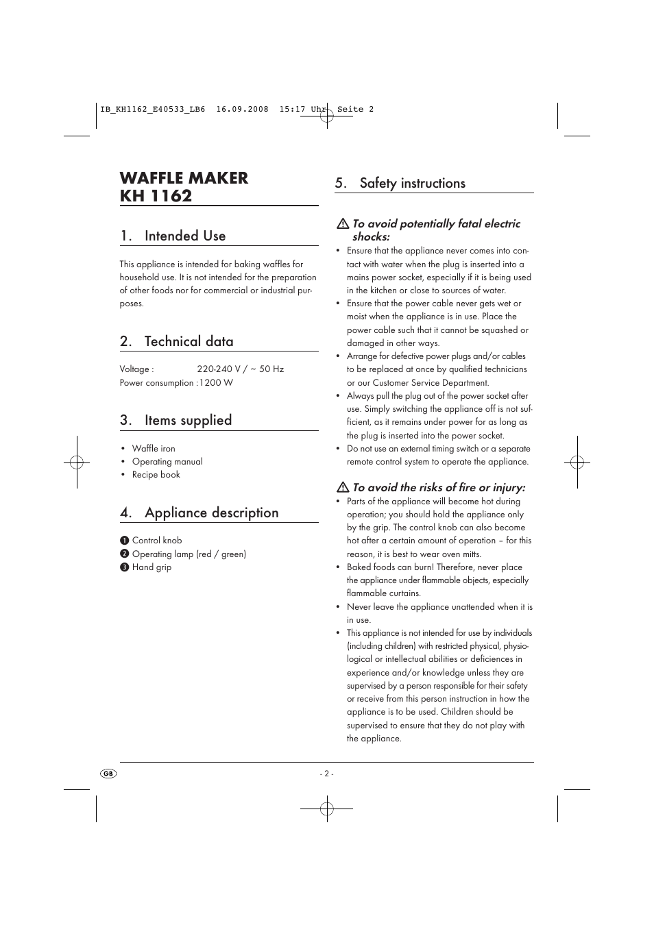 Waffle maker kh 1162, Intended use, Technical data | Items supplied, Appliance description, Safety instructions | Kompernass KH 1162 User Manual | Page 4 / 7