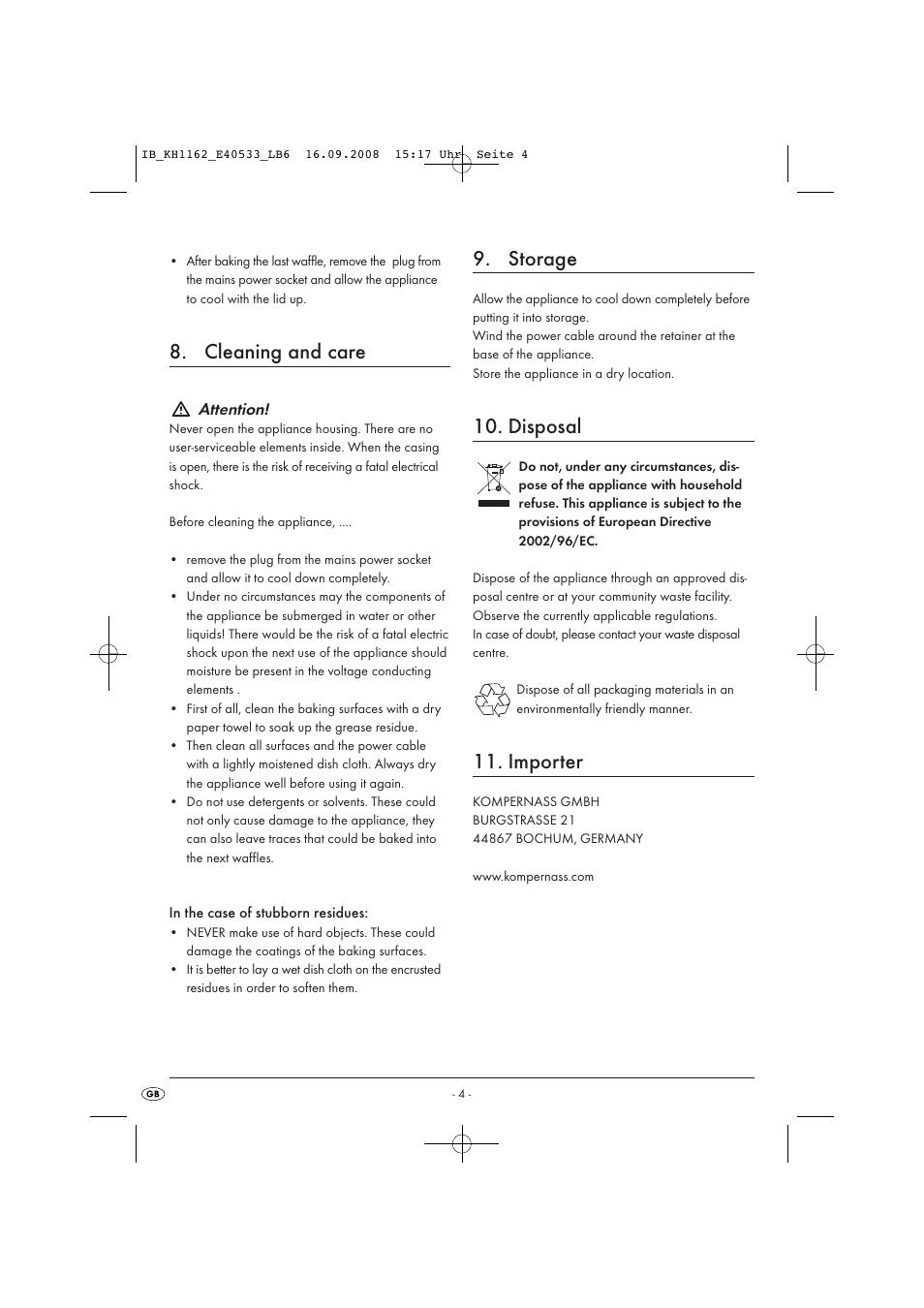 Cleaning and care, Storage, Disposal | Importer | Kompernass KH 1162 User Manual | Page 6 / 7