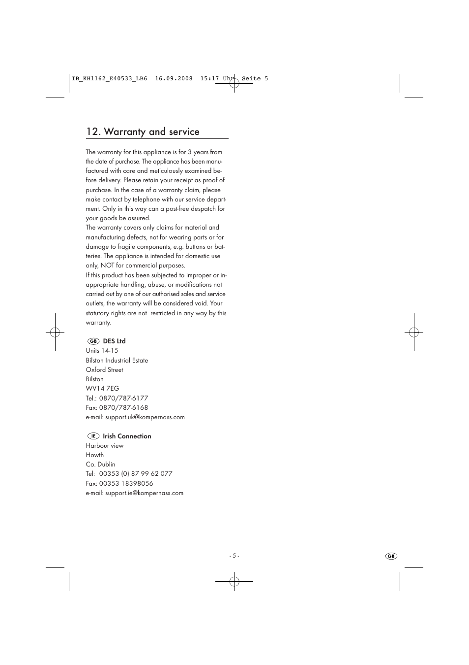 Warranty and service | Kompernass KH 1162 User Manual | Page 7 / 7