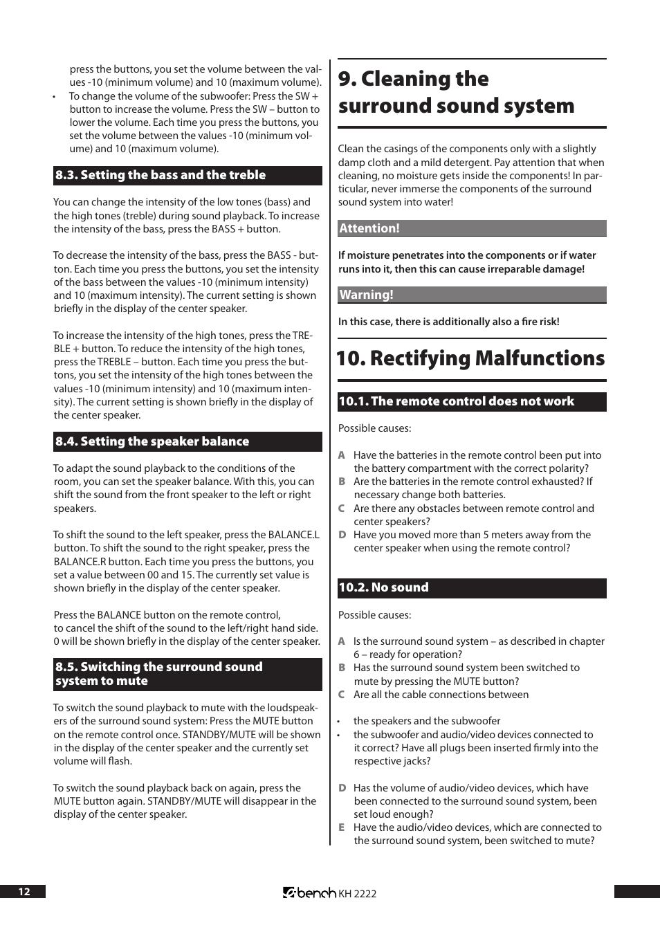 Cleaning the surround sound system, Rectifying malfunctions | Kompernass Bench KH 2222 User Manual | Page 12 / 16