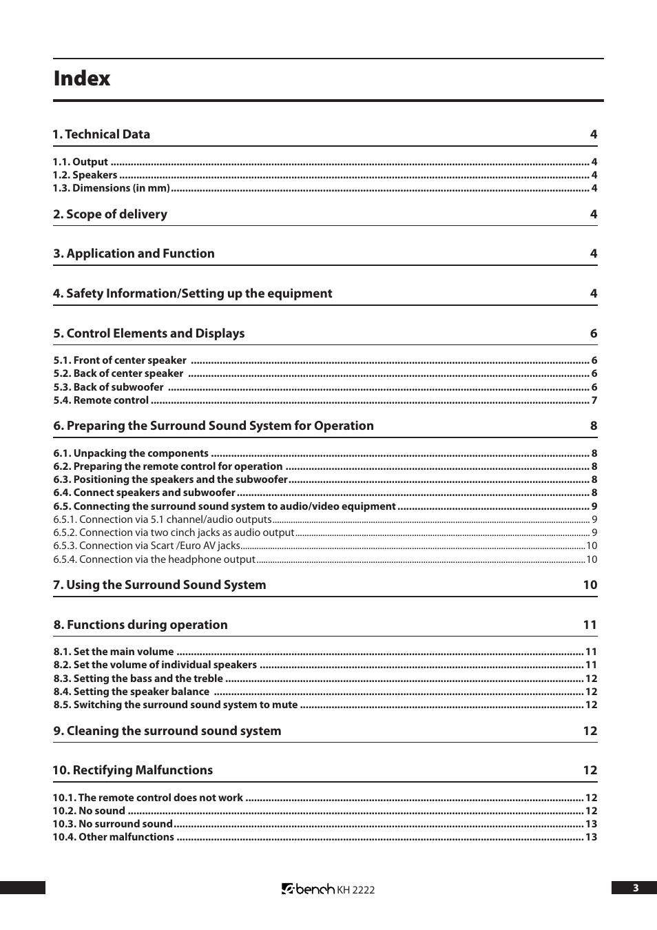 Index | Kompernass Bench KH 2222 User Manual | Page 3 / 16