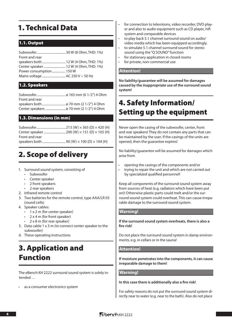 Technical data, Scope of delivery, Application and function | Safety information/ setting up the equipment | Kompernass Bench KH 2222 User Manual | Page 4 / 16