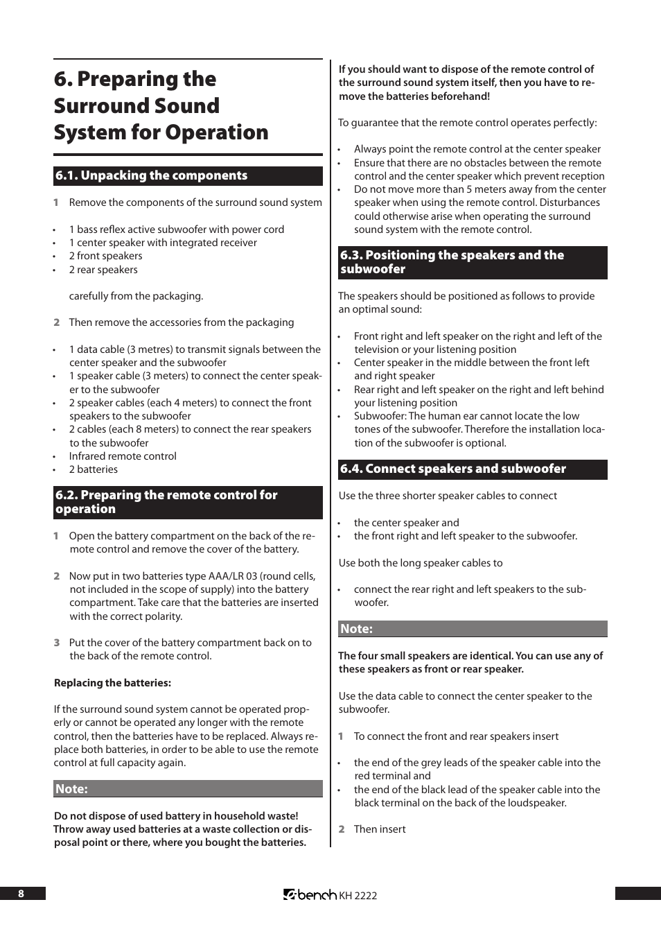 Preparing the surround sound system for operation | Kompernass Bench KH 2222 User Manual | Page 8 / 16