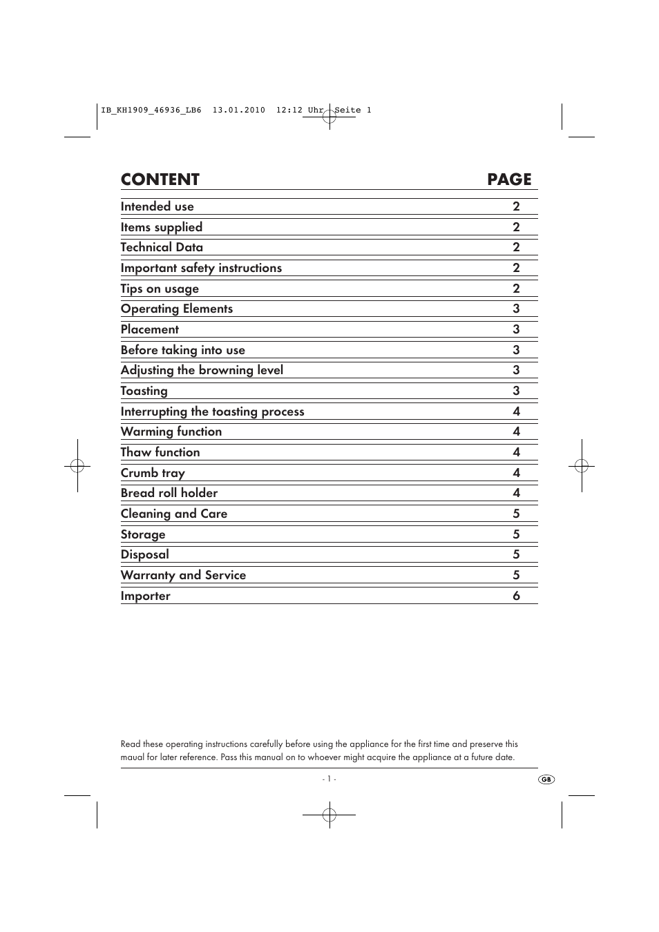 Content page | Kompernass KH 1909 User Manual | Page 3 / 8