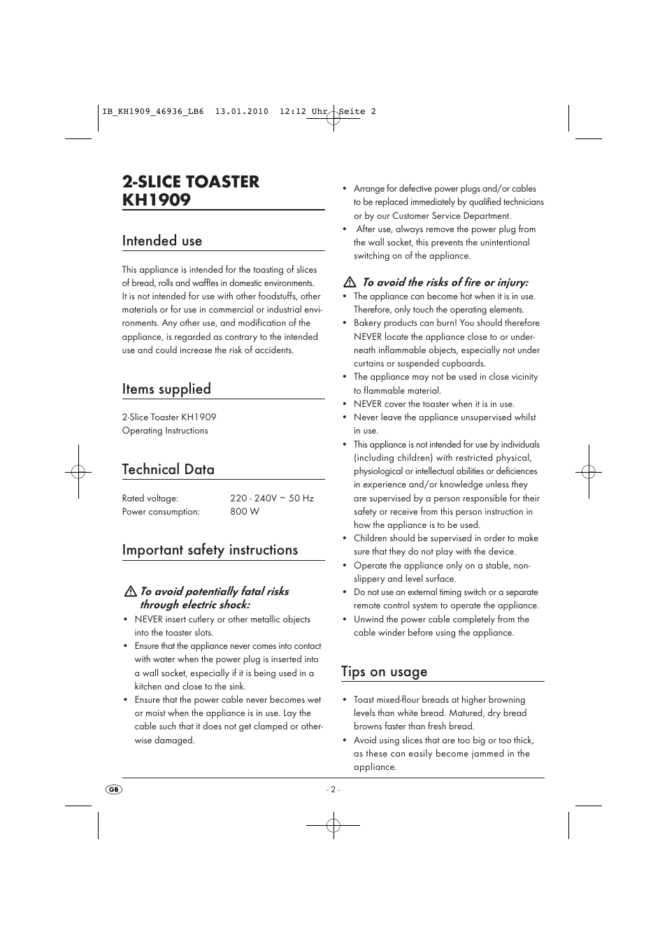 Slice toaster kh1909, Intended use, Items supplied | Technical data, Important safety instructions, Tips on usage | Kompernass KH 1909 User Manual | Page 4 / 8