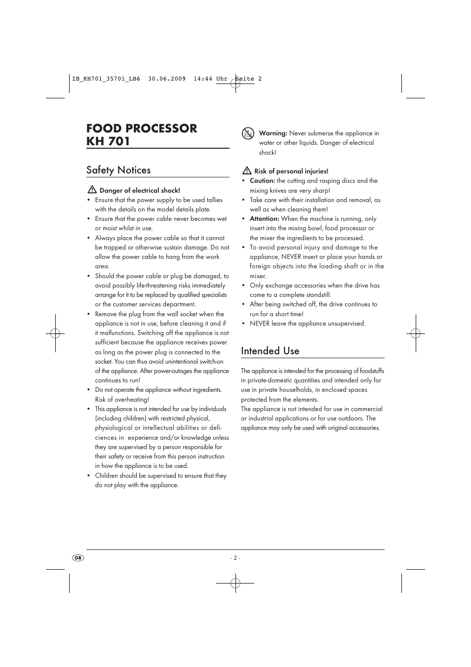 Food processor kh 701, Safety notices, Intended use | Kompernass KH 701 User Manual | Page 4 / 11