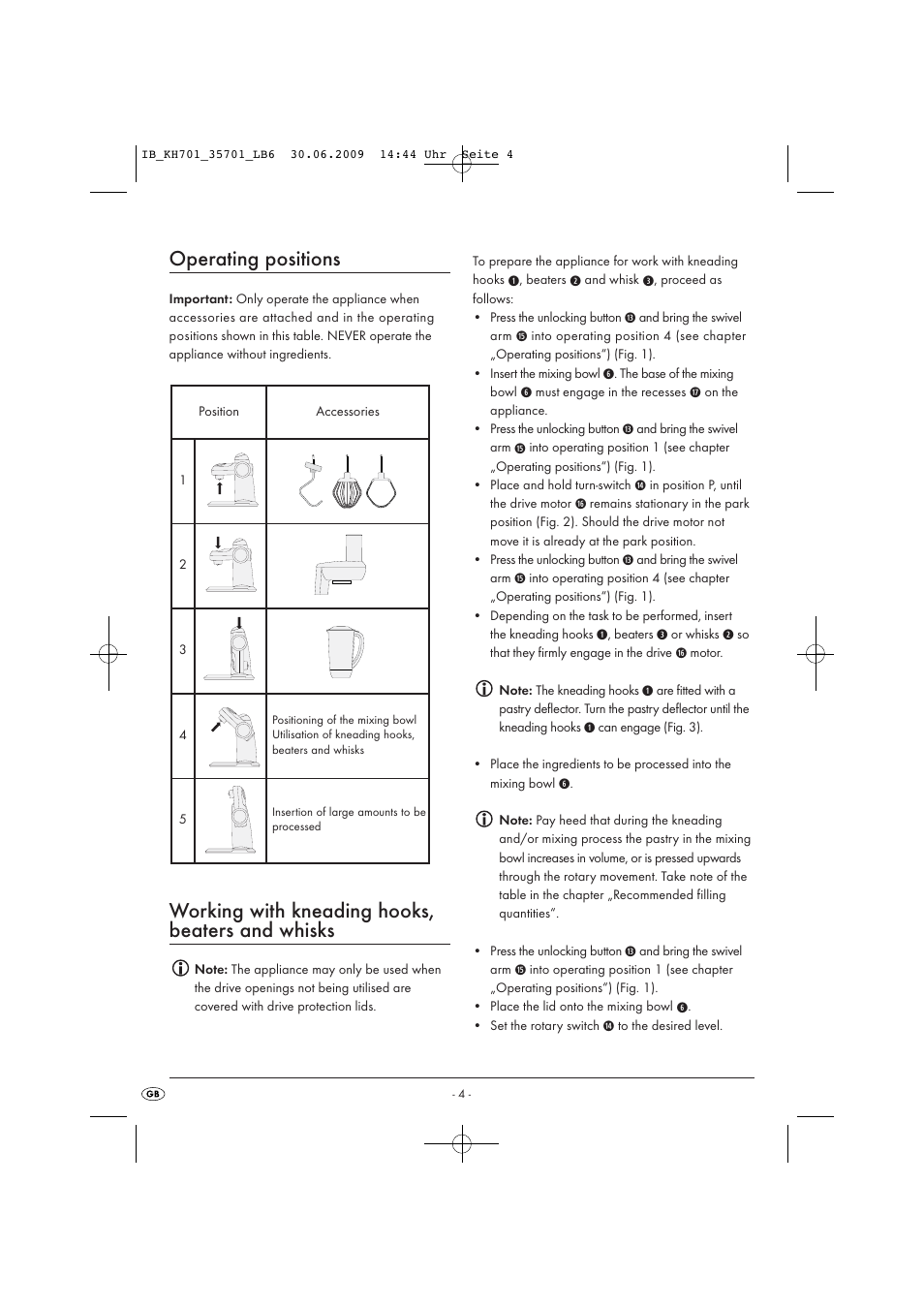 Operating positions, Working with kneading hooks, beaters and whisks | Kompernass KH 701 User Manual | Page 6 / 11