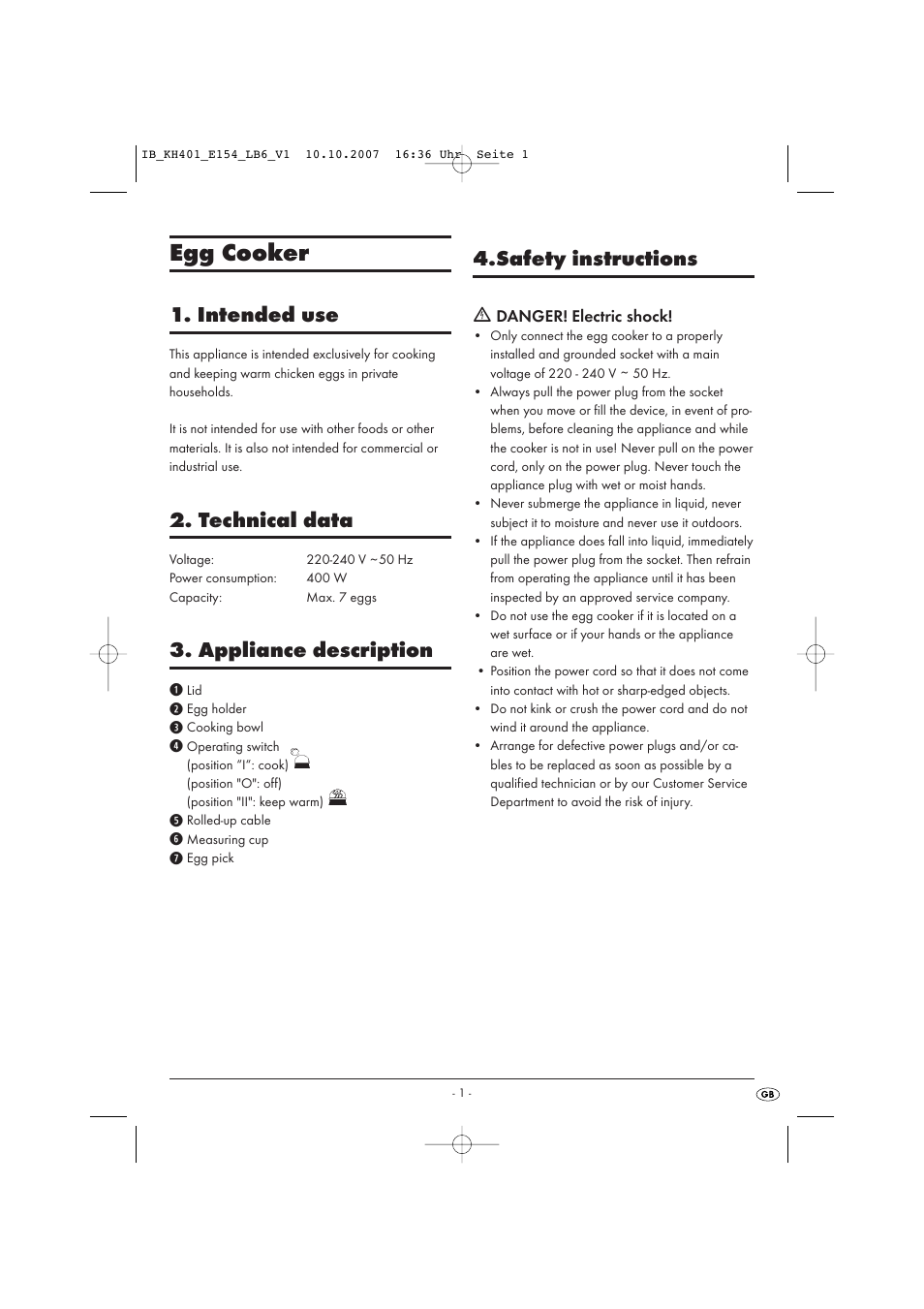 Egg cooker, Intended use, Technical data | Appliance description, Safety instructions | Kompernass KH 401 User Manual | Page 3 / 6