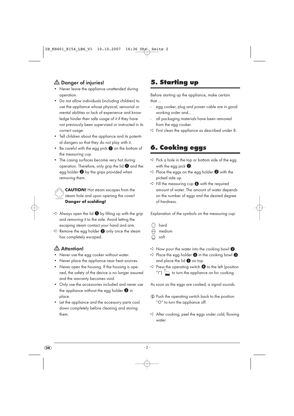 Starting up, Cooking eggs | Kompernass KH 401 User Manual | Page 4 / 6