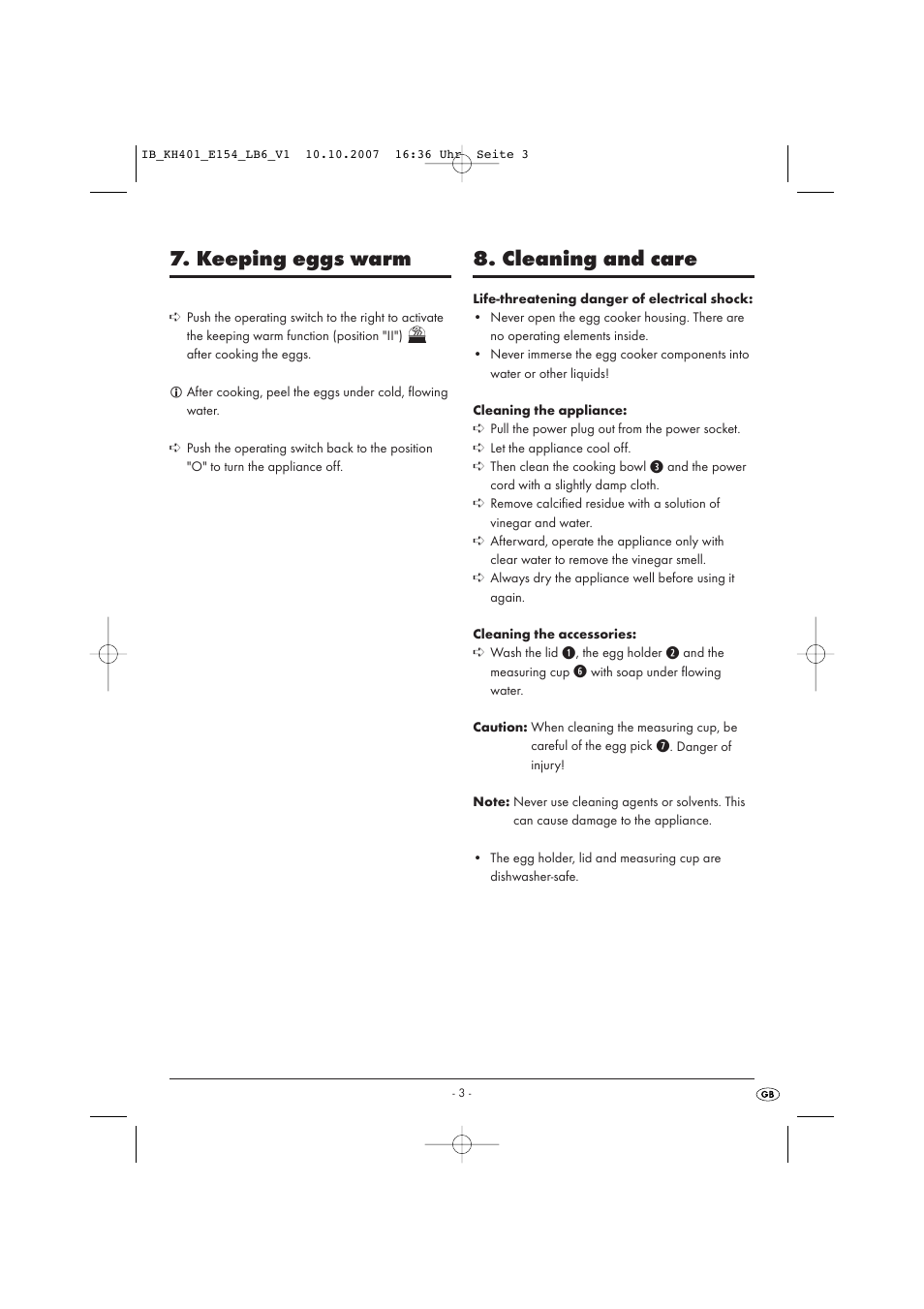 Keeping eggs warm, Cleaning and care | Kompernass KH 401 User Manual | Page 5 / 6