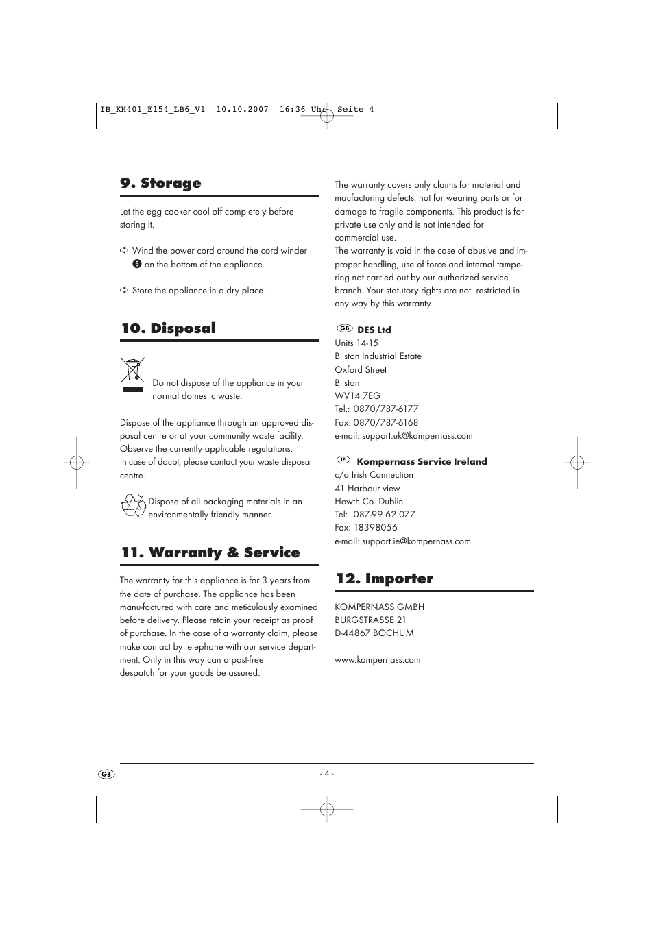 Storage, Disposal, Warranty & service | Importer | Kompernass KH 401 User Manual | Page 6 / 6