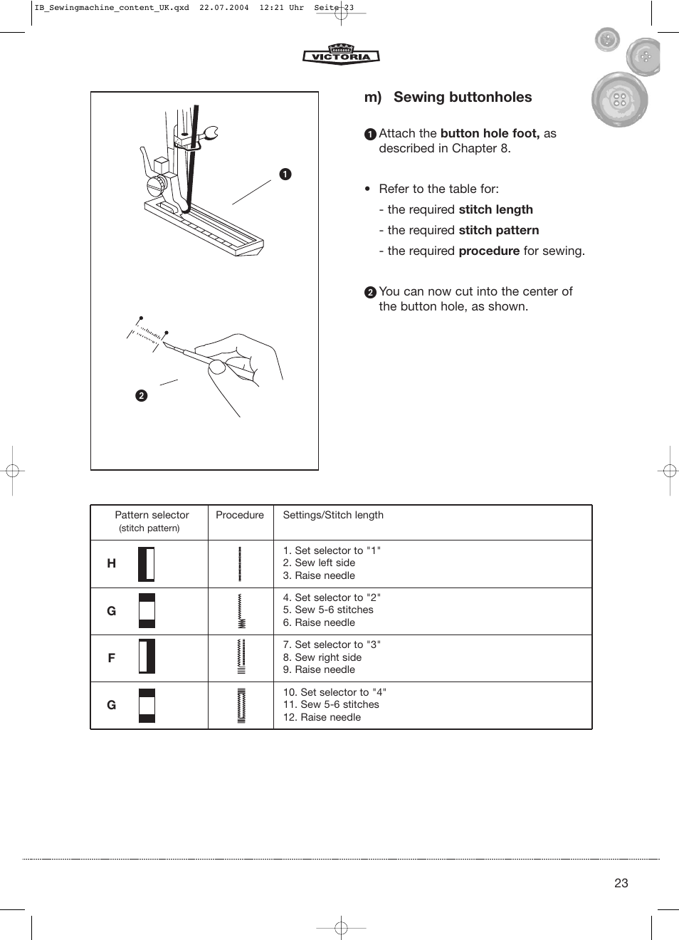M) sewing buttonholes | Kompernass Victoria 270 E User Manual | Page 23 / 30