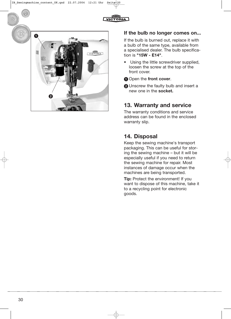 Warranty and service, Disposal | Kompernass Victoria 270 E User Manual | Page 30 / 30