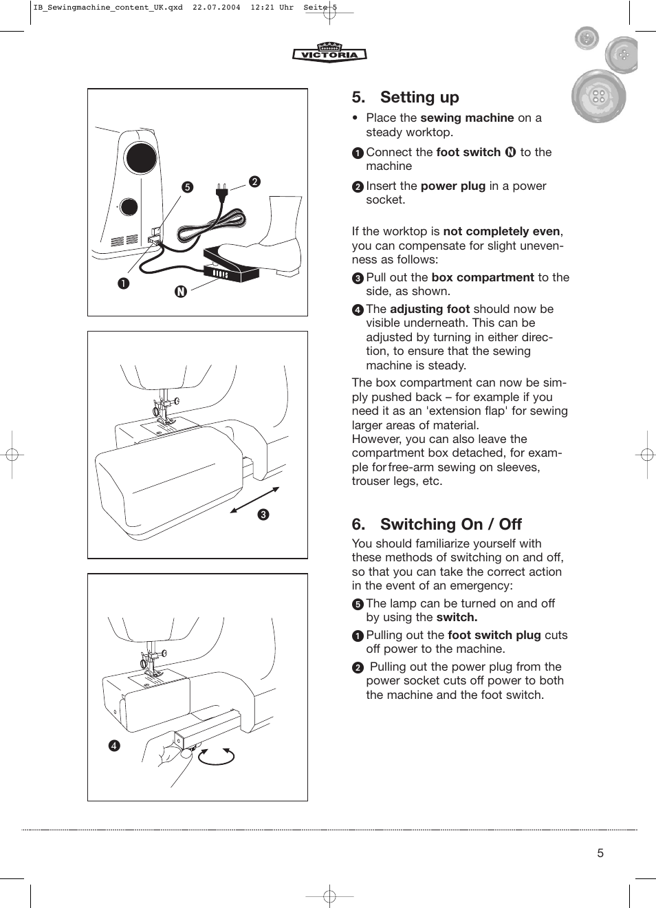 Setting up, Switching on / off | Kompernass Victoria 270 E User Manual | Page 5 / 30