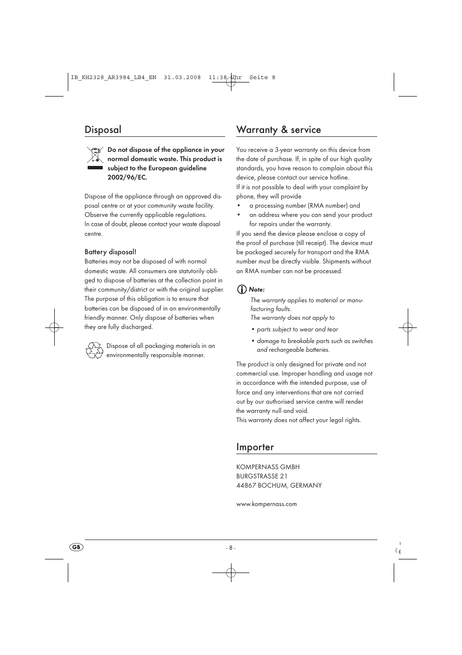 Disposal, Warranty & service, Importer | Kompernass KH 2328 User Manual | Page 10 / 46