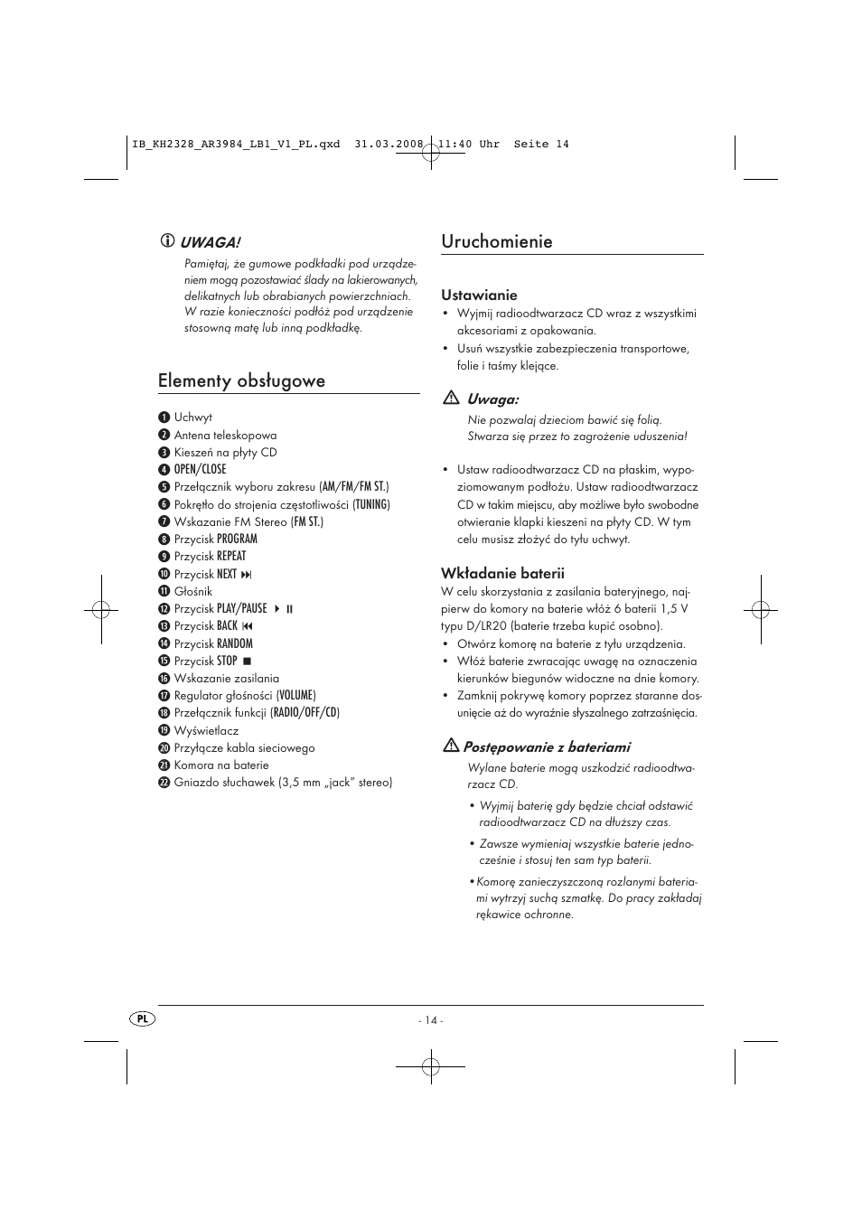 Elementy obsługowe, Uruchomienie | Kompernass KH 2328 User Manual | Page 16 / 46